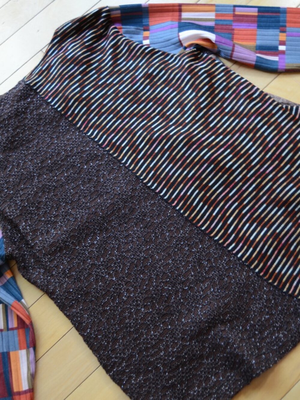 Ali Miles Brown Mixed Media Patchwork Cowl Neck Tunic Shirt Boho Artsy Size L - Picture 10 of 10